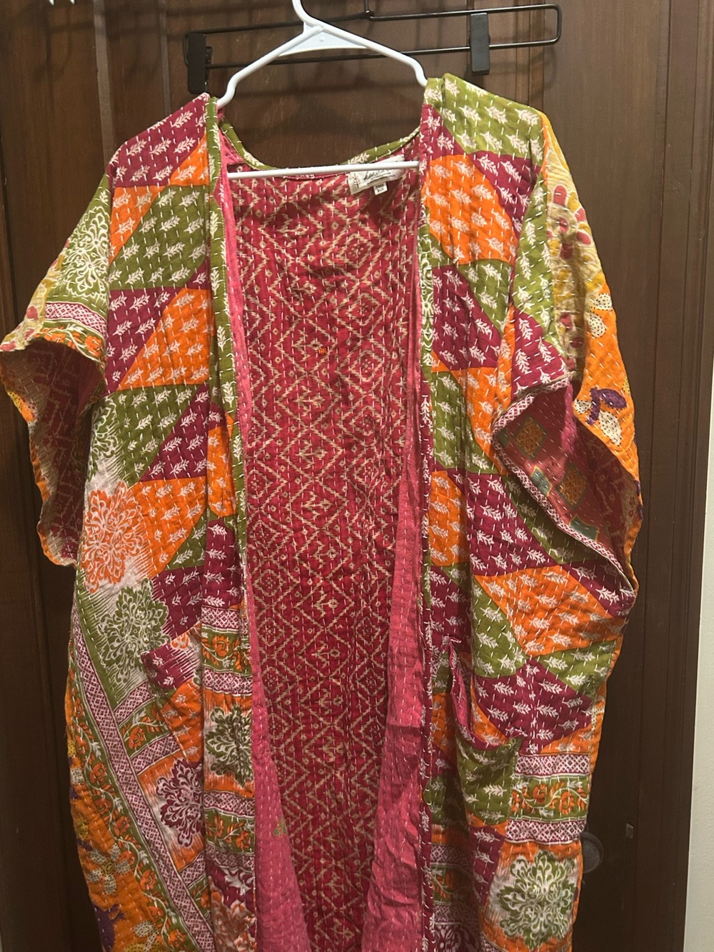 Vibrant Patchwork Kantha Bae Kimono in Pink, Orange & Olive